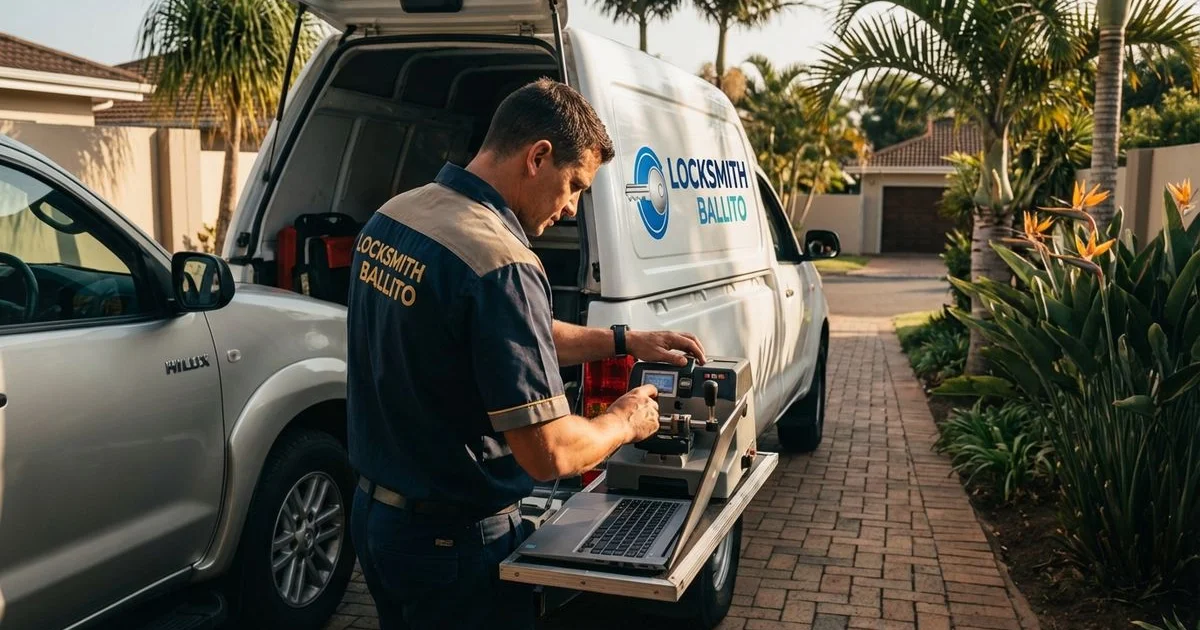 Auto locksmith cutting and programming a transponder car key in Salt Rock