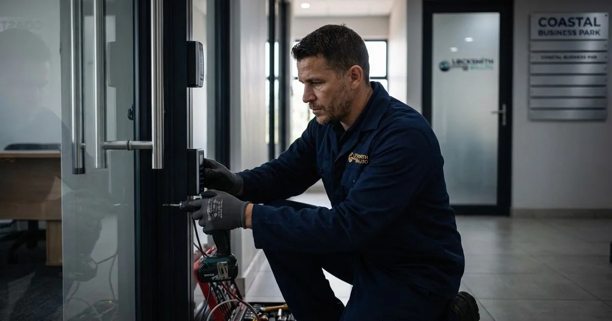 Commercial locksmith installing access control system at a Coastal Business Park near Salt Rock