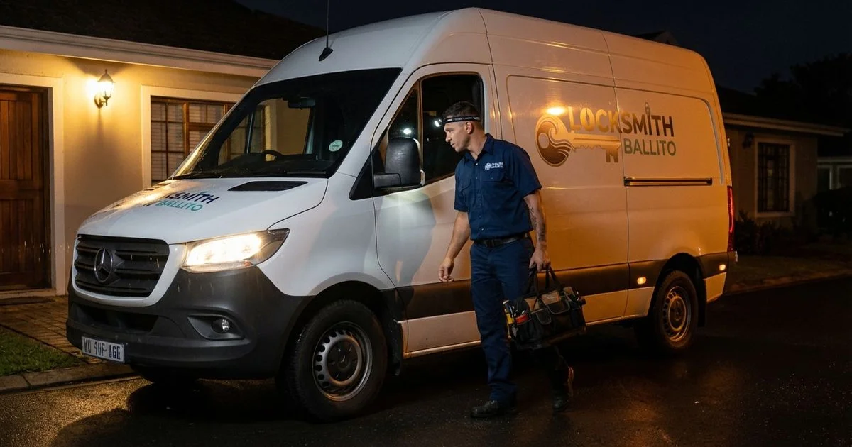 Locksmith Ballito emergency technician arriving at a residential property in Salt Rock, KwaZulu-Natal at night